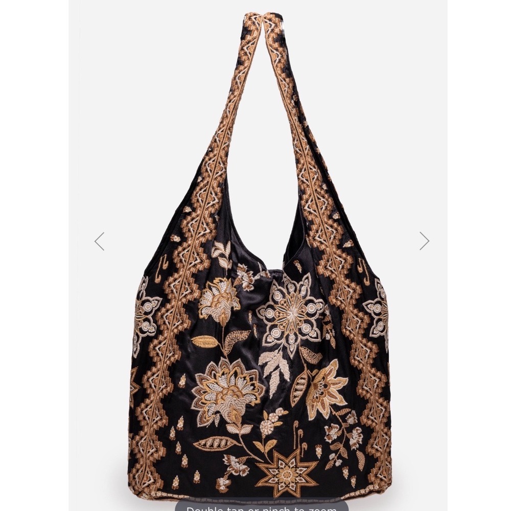 Johnny Was Slouchy Bag Women OS Black Excellent Embroidered Floral Boho Tote